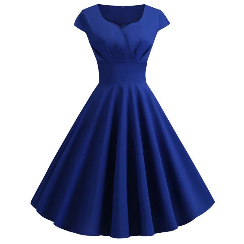Levoire | Robe À Bascule Vintage Avec Décolleté En V Élégance Froncée Bleu