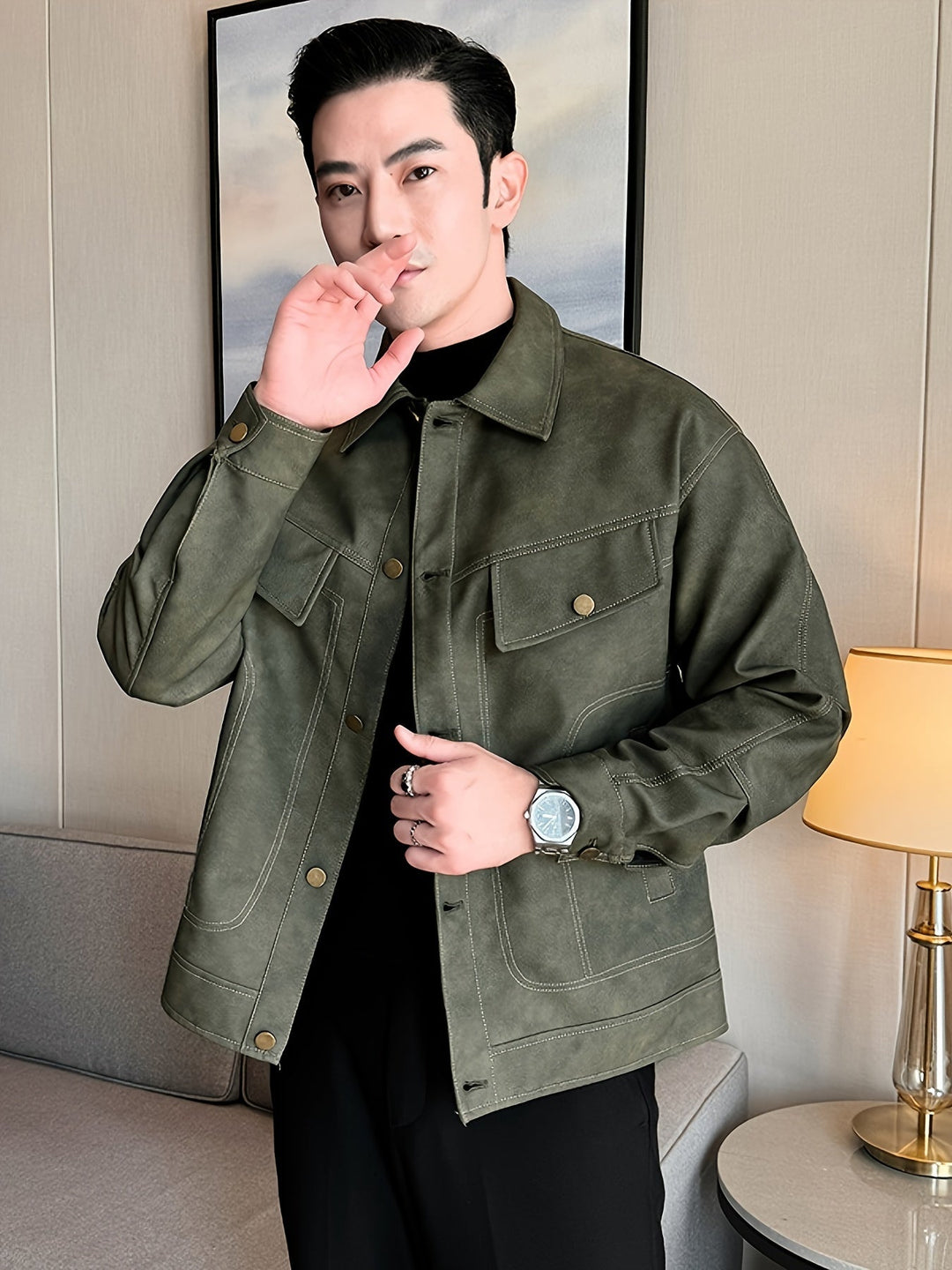 Levoire | Veste En Similicuir Tendance Pour Hommes Avec Fermeture Éclair Et Col Olive vert 1