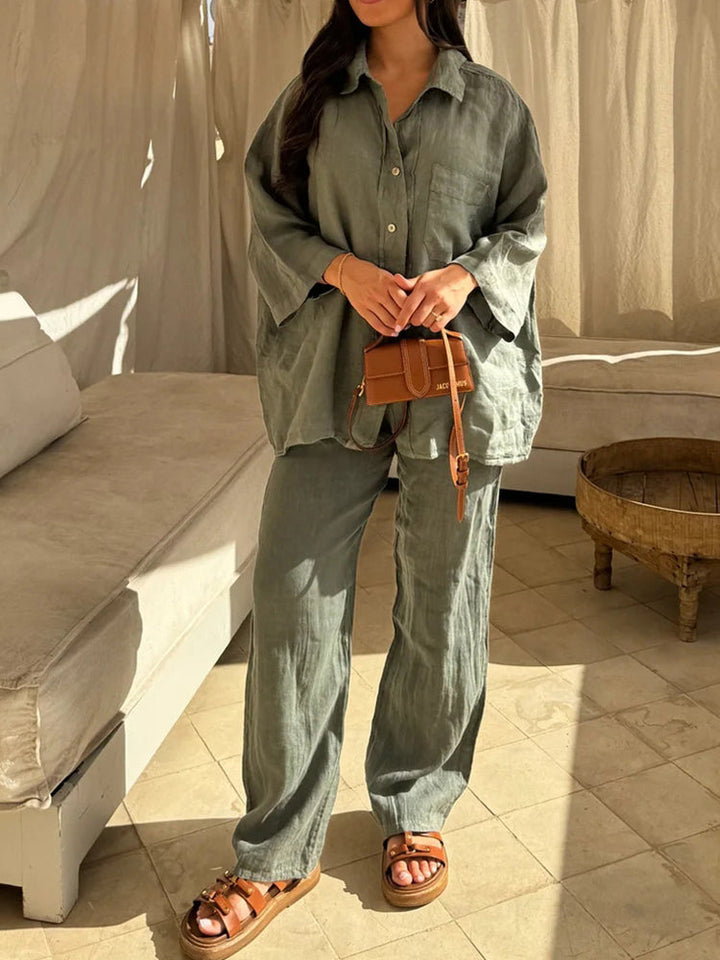 Levoire | Ensemble Élégant En Lin À Manches Longues Et Pantalons Olivier
