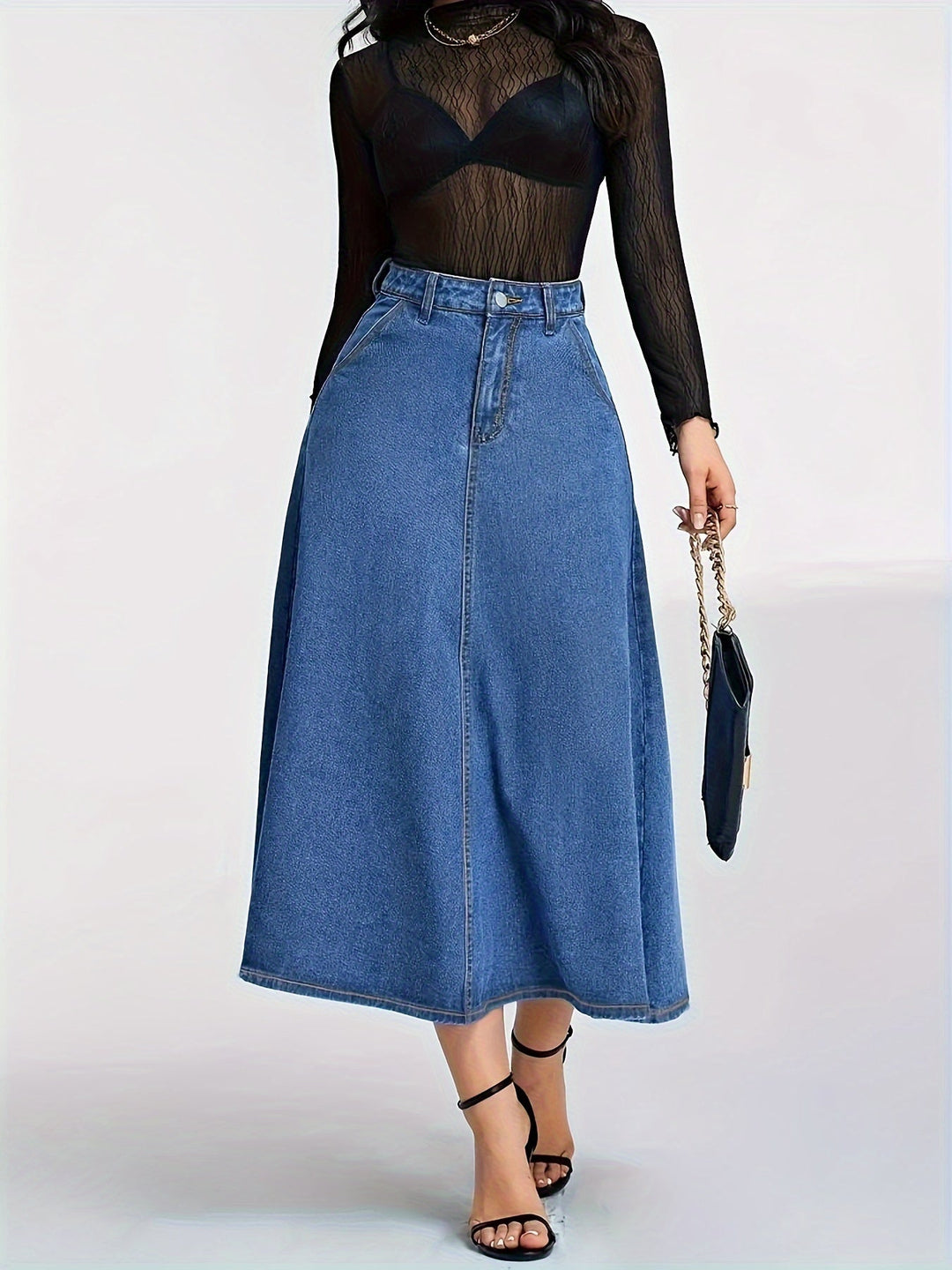 Levoire | Jupe Midi En Jean Haute Et Élastique Avec Poches Bleu nuit