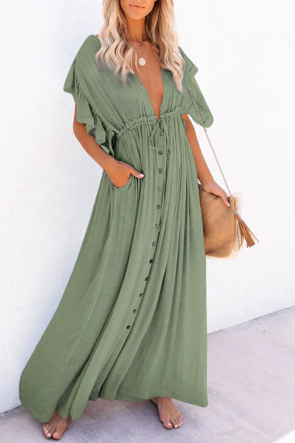 Levoire | Fairy Air Robe à encolure en V et à manches volantées Vert clair Taille unique