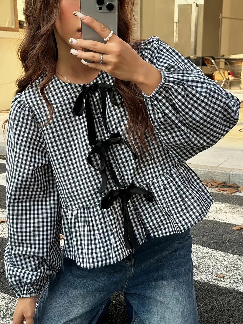 Levoire | Blouse Peplum À Carreaux Avec Ruban Pour Femmes