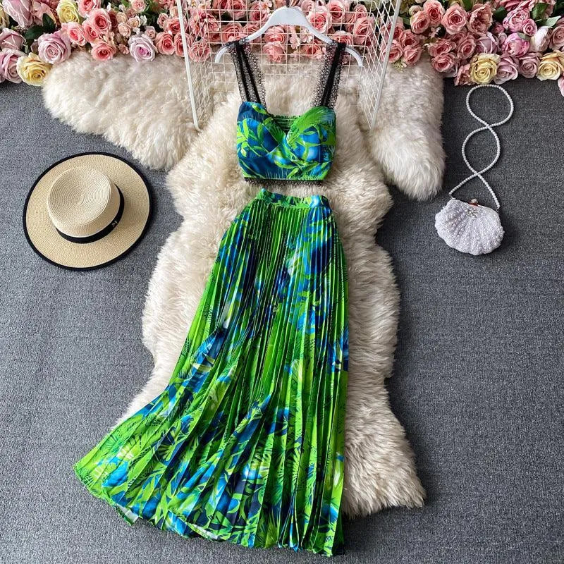 Levoire | Ensemble sans manches à deux pièces avec motif floral vert émeraude Taille libre