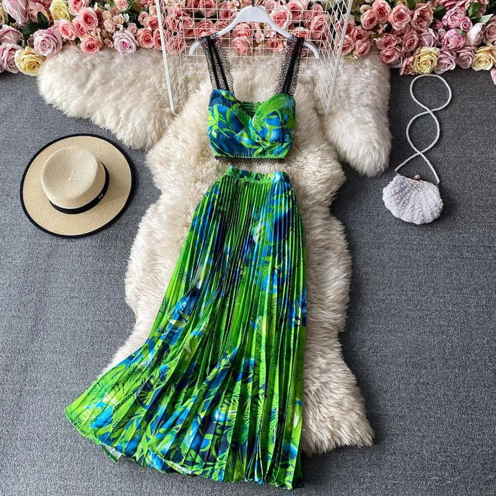 Levoire | Ensemble sans manches à deux pièces avec motif floral vert émeraude Taille libre