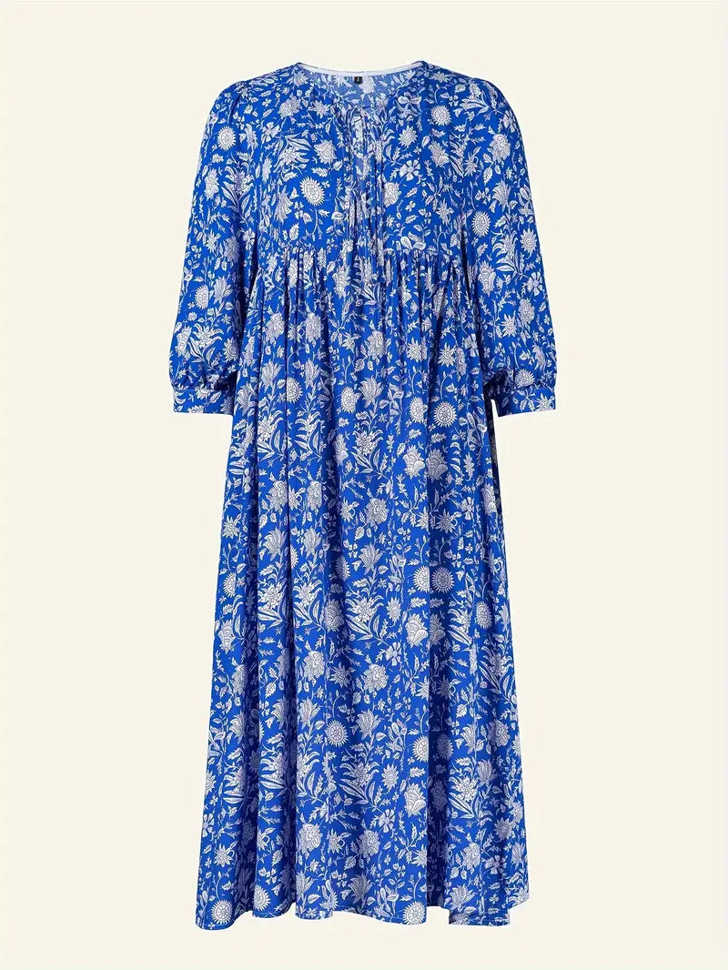 Levoire | Robe Maxi Boho Décontractée Avec Noeuds Décolleté En V Et Manches Courtes Bunt Bleu + Blanc