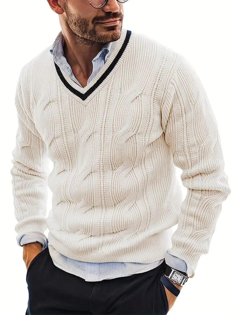 Levoire | Pull En Tricot Classique Pour Homme Avec Col En V Blanc