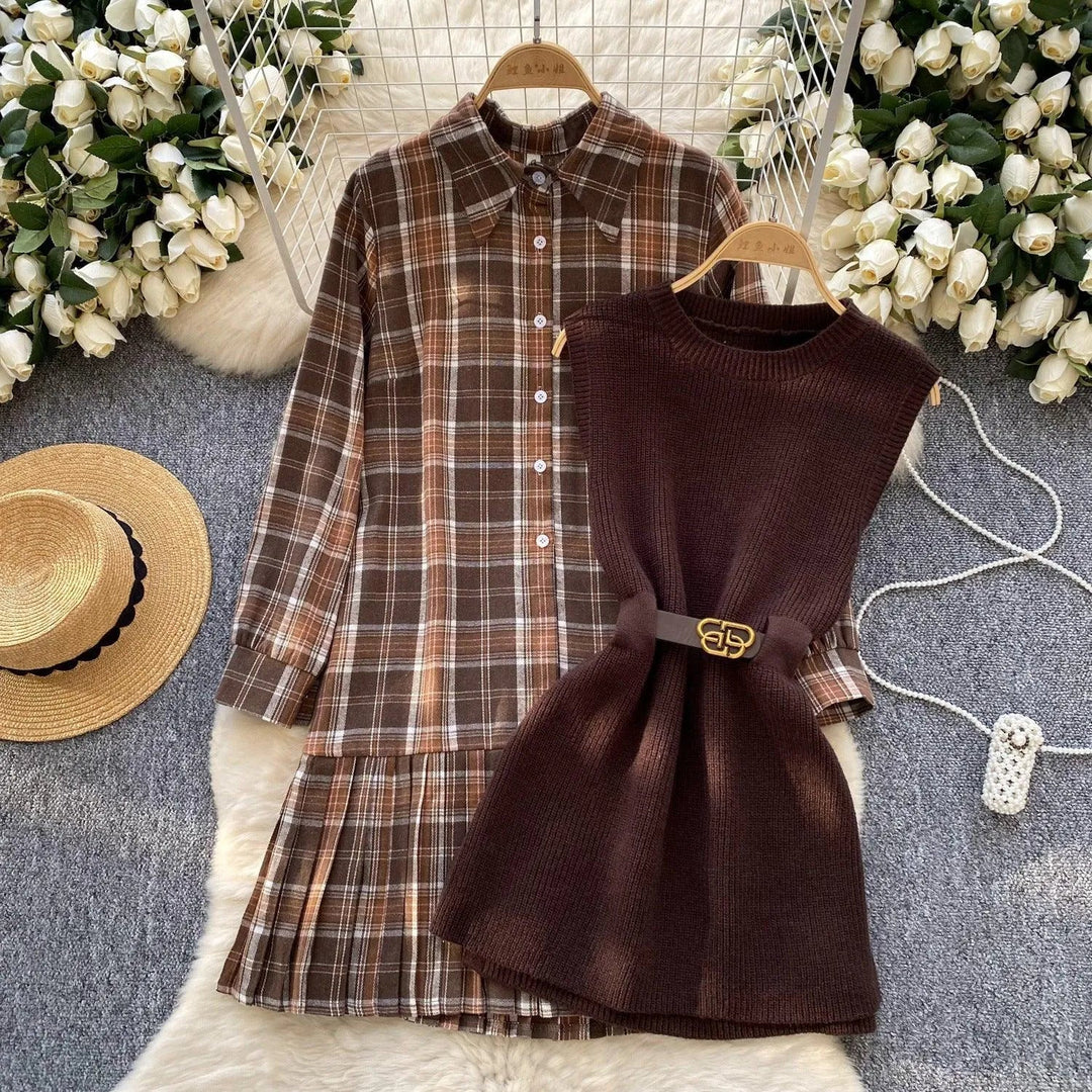 Levoire | Vintage Femmes Ensemble : Robe à Carreaux et Ceinture en Tricot Braun Taille libre