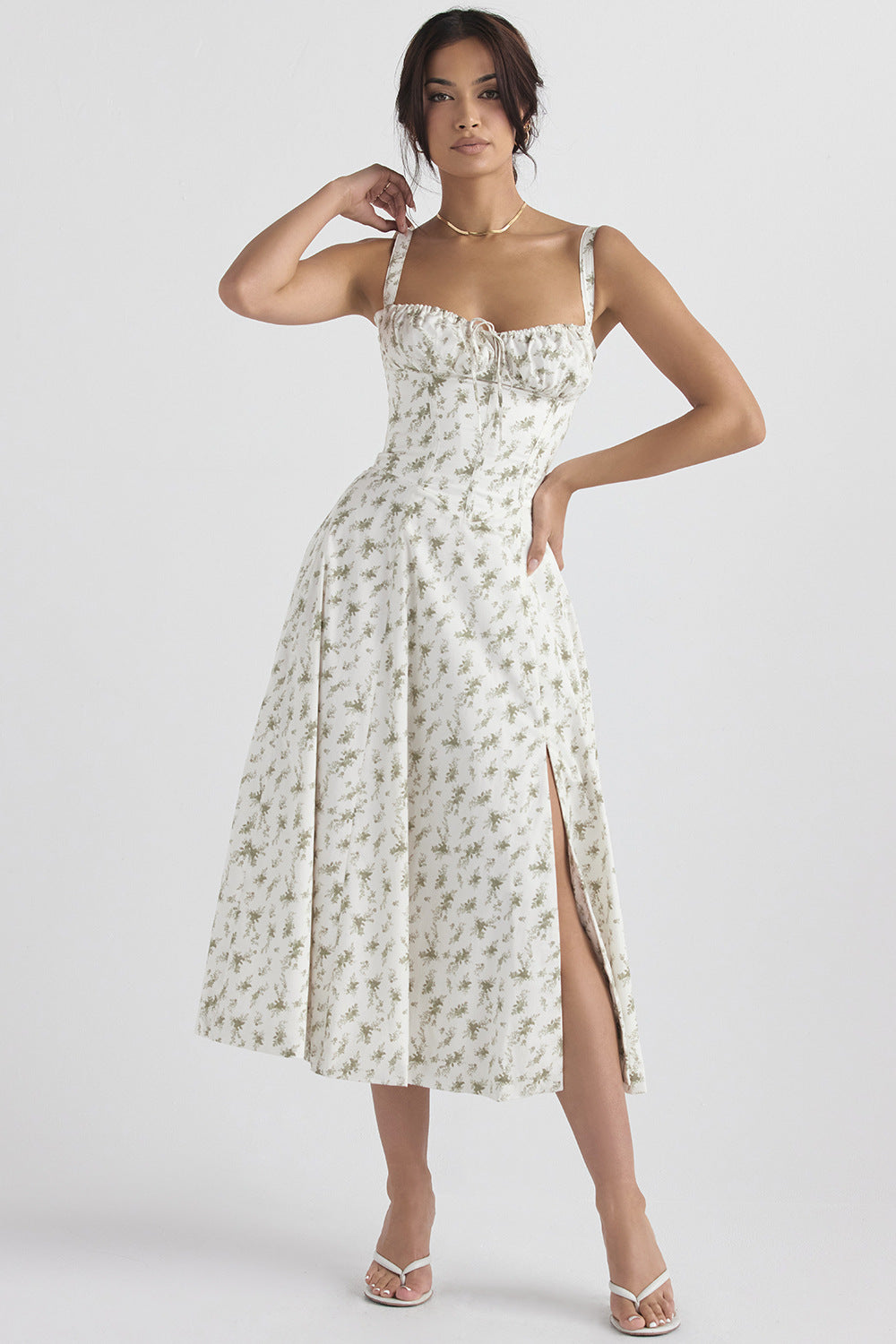 Levoire | Robe fleurie à bretelles pour femmes intemporelle Blanc vert