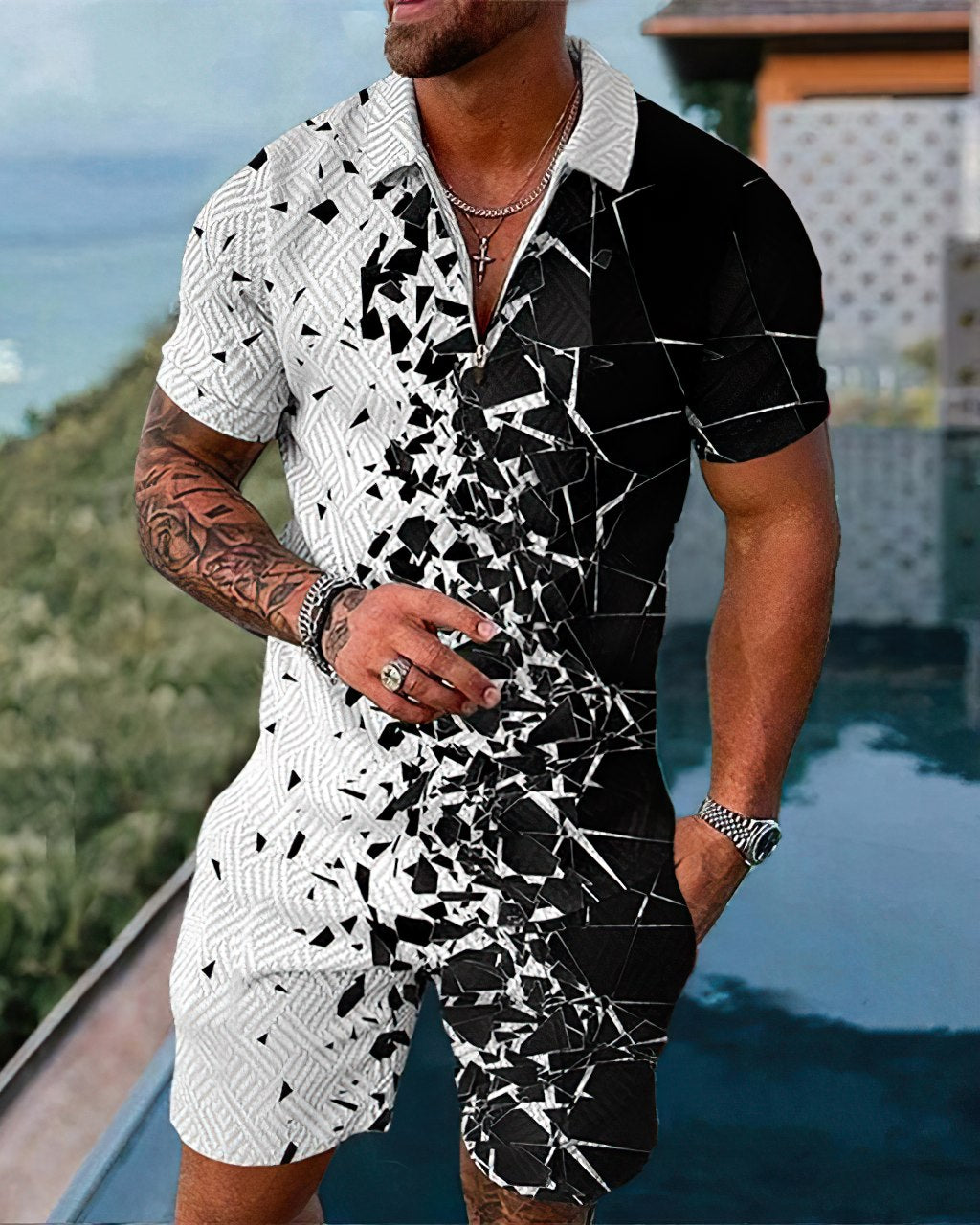 Levoire | Ensemble Deux Pièces Imprime Decontracte Hommes Blanc Noir