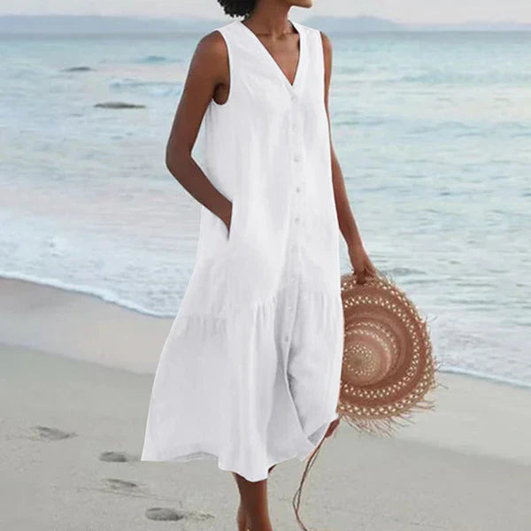 Levoire | Robe Sans Manches À Bouton Avec Décolleté En V Robe De Plage Blanc