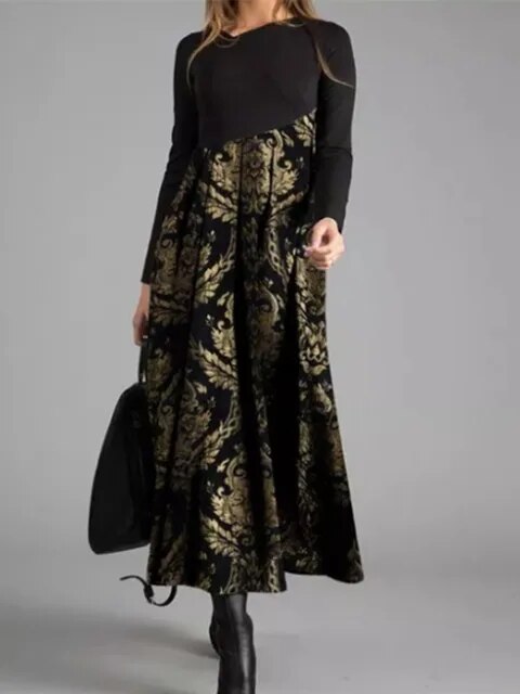 Levoire | Robe Rétro Élégante À Motifs Avec Décolleté En V Or