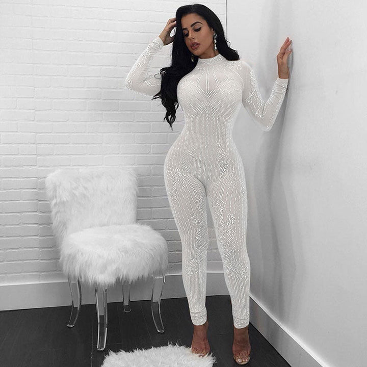 Levoire | robe transparente avec des strass ajustée à manches longues BLANC