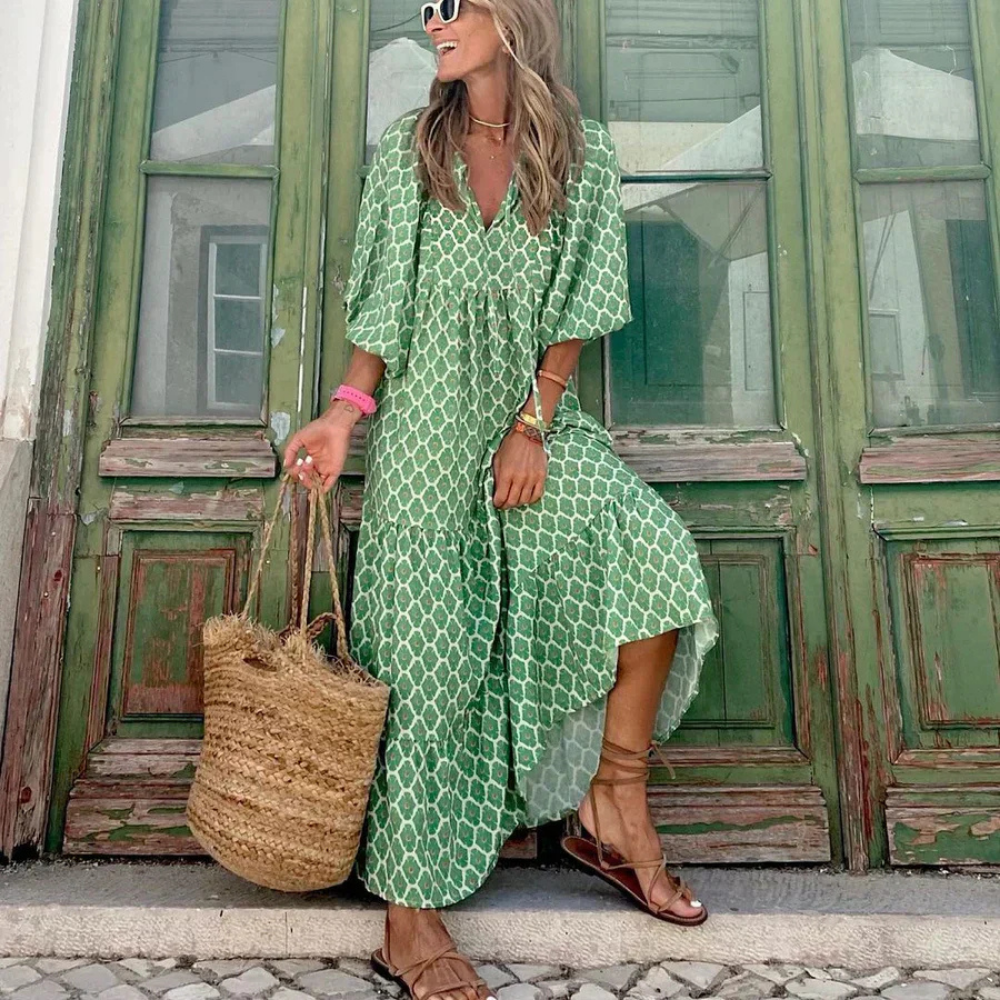 Levoire | Robe Maxi Boho avec motif floral romantique Vert