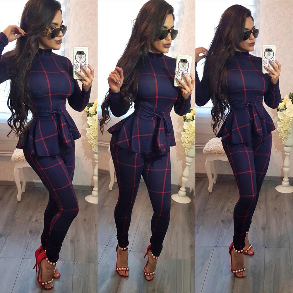 Levoire | pyjama col rond manches longues pantalons à carreaux avec ceinture BLEU FONCÉ