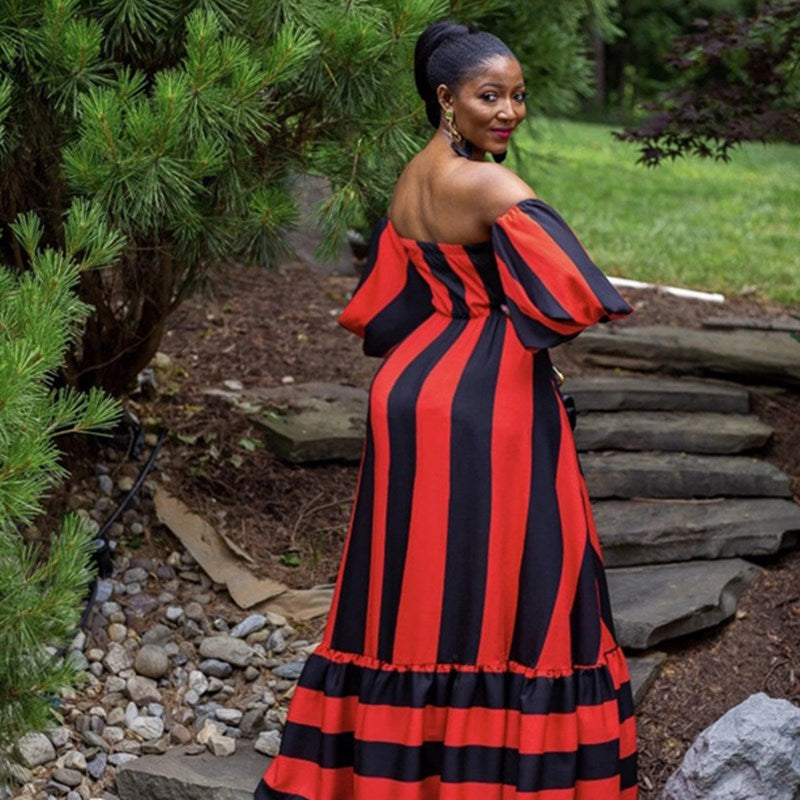 Levoire | longue robe rayée à épaules découvertes style bohème