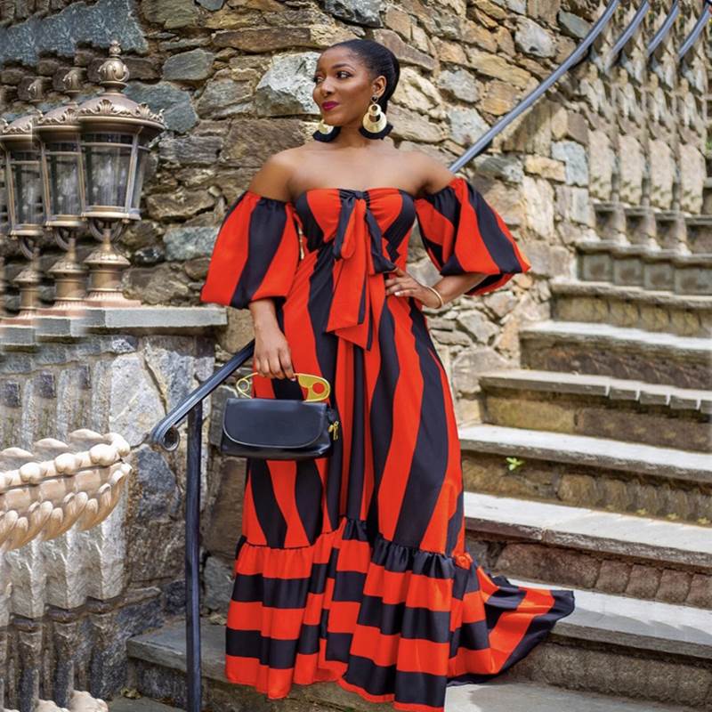 Levoire | longue robe rayée à épaules découvertes style bohème ROUGE
