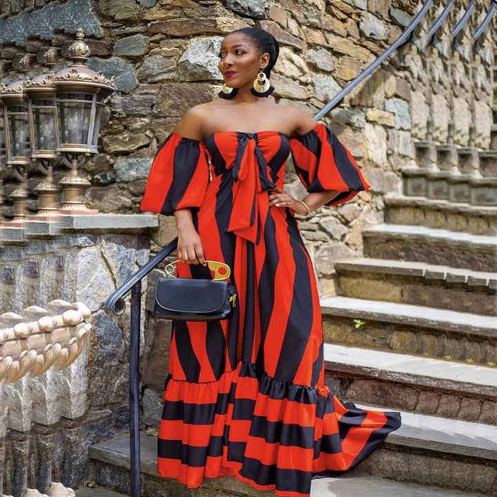 Levoire | longue robe rayée à épaules découvertes style bohème ROUGE