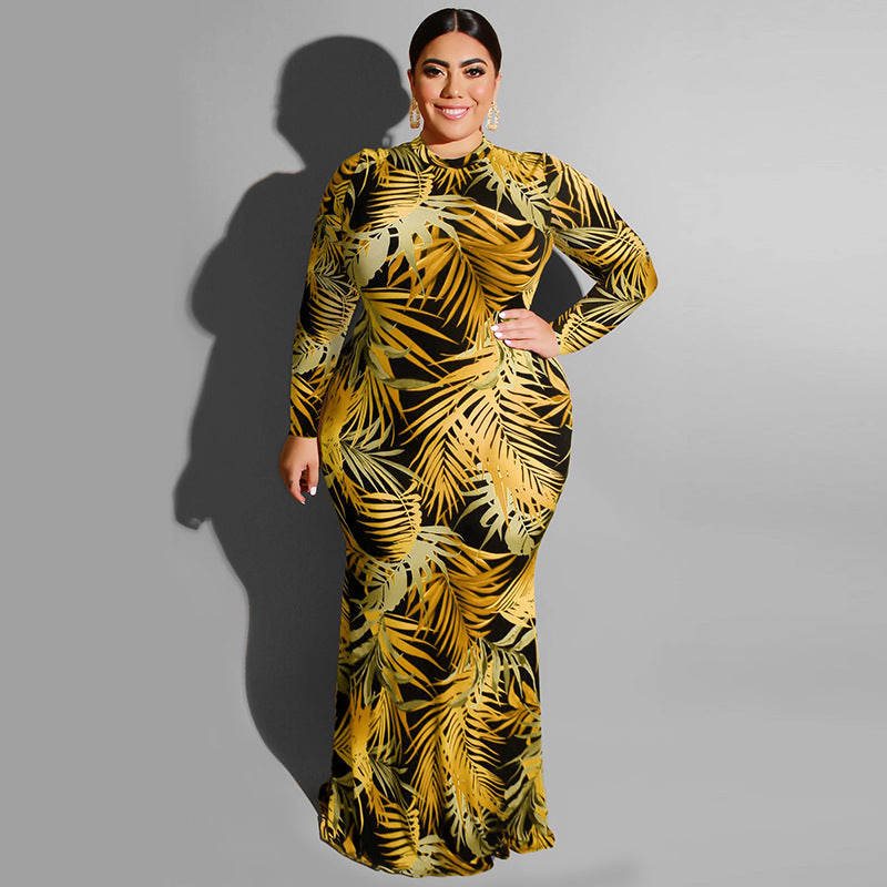Levoire | robe longue ajustée à encolure ronde à motif JAUNE