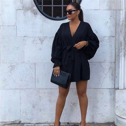 Levoire | chemises à manches longues courtes à col en V avec ceinture NOIR