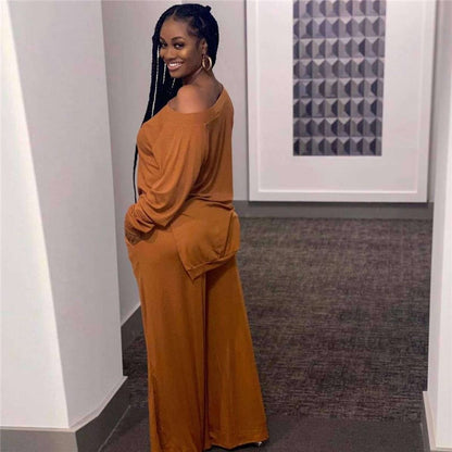 Levoire | chemisier à manches longues et pantalons larges unis décontractés