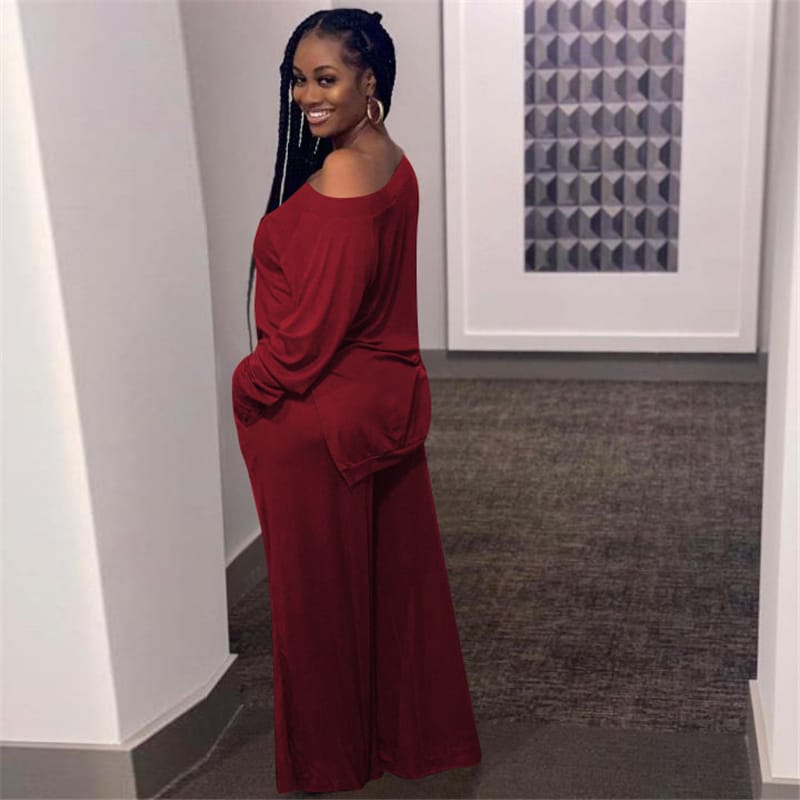 Levoire | chemisier à manches longues et pantalons larges unis décontractés BORDEAUX