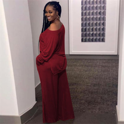 Levoire | chemisier à manches longues et pantalons larges unis décontractés BORDEAUX