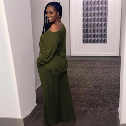 Levoire | chemisier à manches longues et pantalons larges unis décontractés VERT FONCÉ