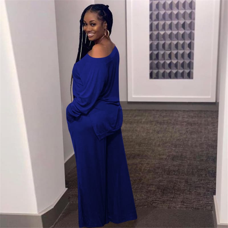 Levoire | chemisier à manches longues et pantalons larges unis décontractés BLEU