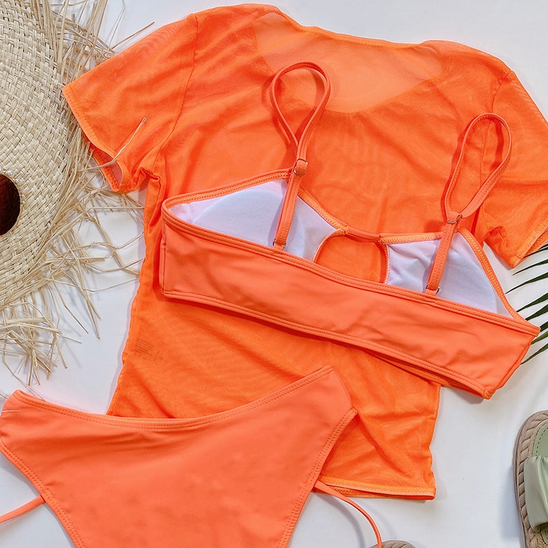 Levoire | Maillot de bain trois pièces sexy à manches courtes couleur néon