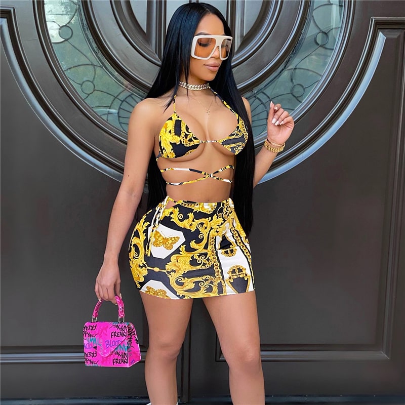 Levoire | maillot de bain sexy trois pièces jupe à cordes NOIR OR