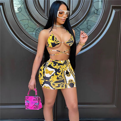 Levoire | maillot de bain sexy trois pièces jupe à cordes NOIR OR