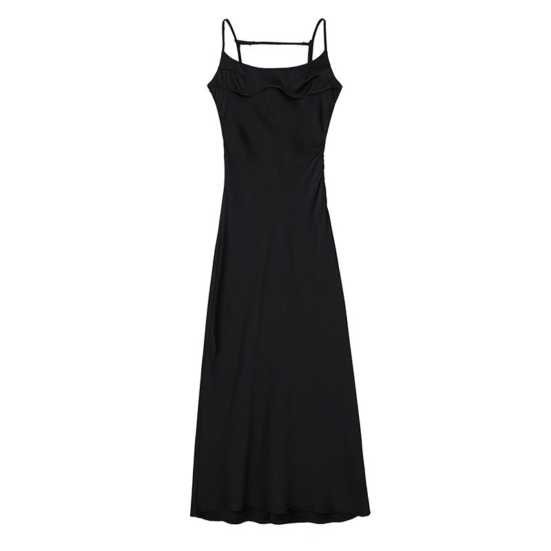 Levoire | Satin Sans Épaules Dos U Fente Midi Robe Noir