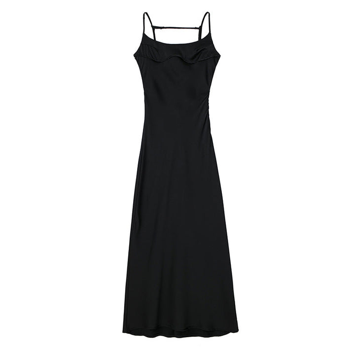 Levoire | Satin Sans Épaules Dos U Fente Midi Robe Noir