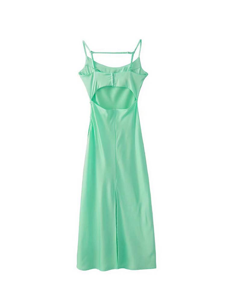 Levoire | Satin Sans Épaules Dos U Fente Midi Robe Vert