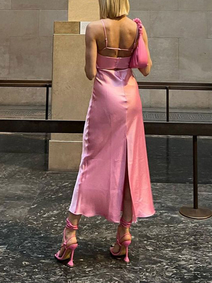 Levoire | Satin Sans Épaules Dos U Fente Midi Robe