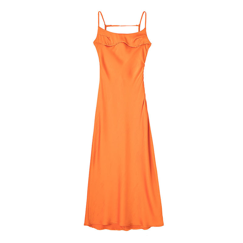 Levoire | Satin Sans Épaules Dos U Fente Midi Robe Orange
