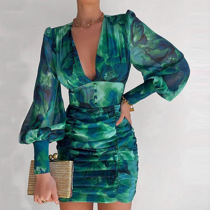 Levoire | robe à manches longues courte décolleté en V taille haute pour femme élégante VERT