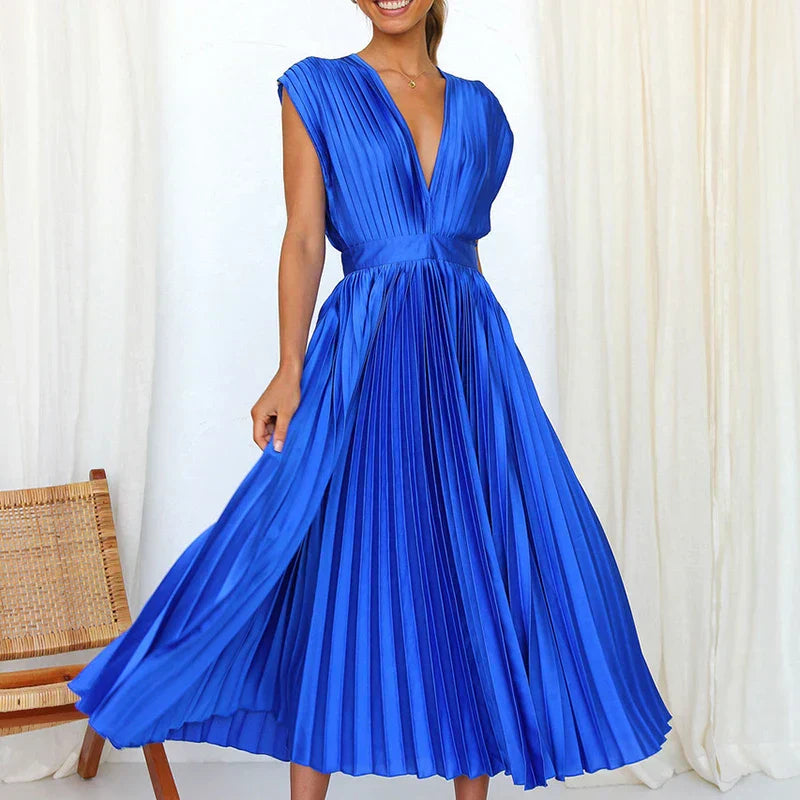 Levoire | Robe Midi Plissée À Décolleté En V Bleu