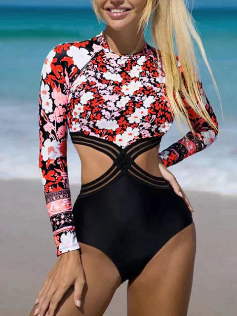 Levoire | Maillot De Bain À Manches Longues Et Motif Floral Rot