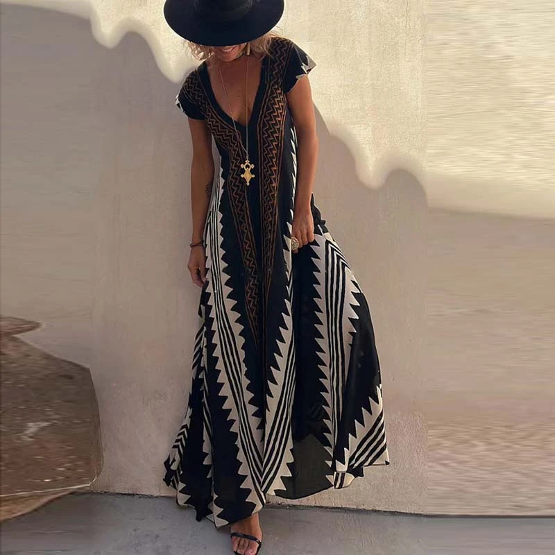 Levoire | Robe De Plage Maxi Avec Motif Ethnique Noir