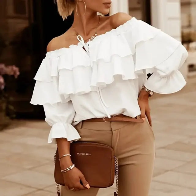 Levoire | Haut De Blouse En Chiffon Off-Shoulder Pour Femmes Avec Volants Blanc