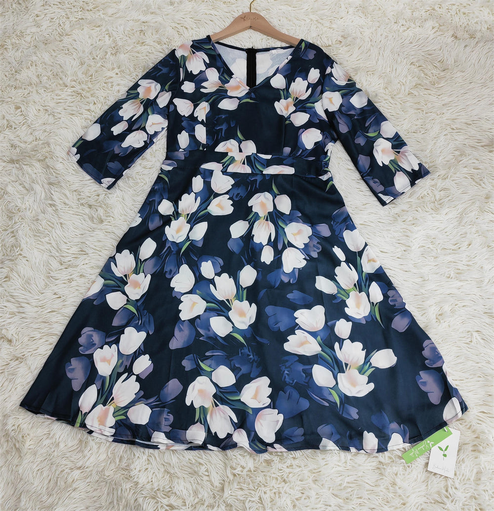 Levoire | Imprimé De Tulipes Fleuries Robe Midi Flottante Pour Femmes