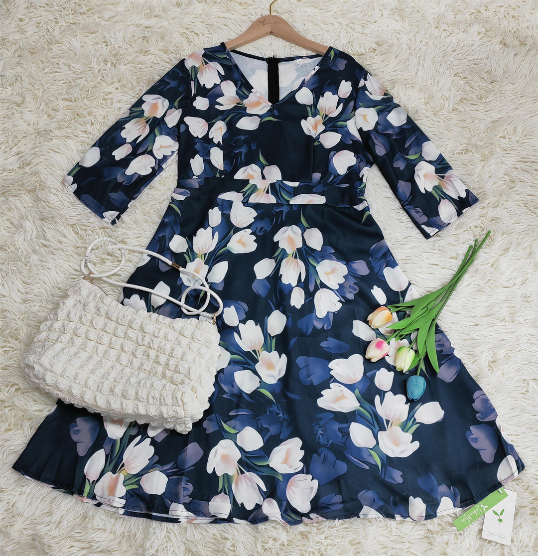 Levoire | Imprimé De Tulipes Fleuries Robe Midi Flottante Pour Femmes