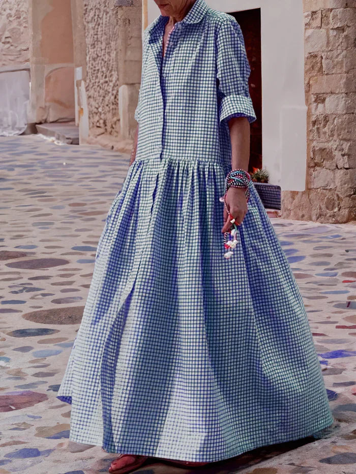 Levoire | Robe longue à manches longues en patchwork pour femmes Bleu