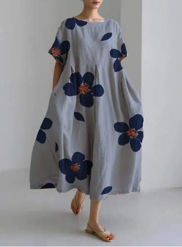 Levoire | Robe Élégante Avec Un Motif Floral Surdimensionné Gris-Bleu