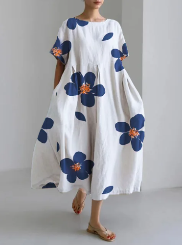 Levoire | Robe Élégante Avec Un Motif Floral Surdimensionné Blanc-Bleu