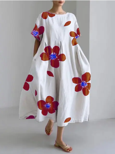 Levoire | Robe Élégante Avec Un Motif Floral Surdimensionné Blanc-Rouge