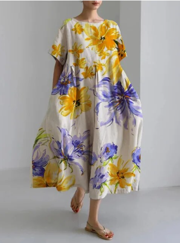 Levoire | Robe Élégante Avec Un Motif Floral Surdimensionné Jaune-Bleu