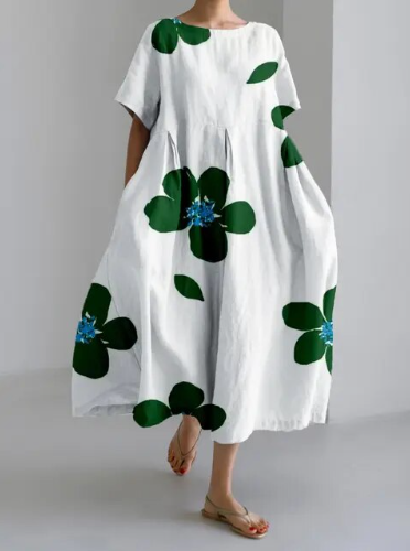 Levoire | Robe Élégante Avec Un Motif Floral Surdimensionné Blanc-Vert Foncé
