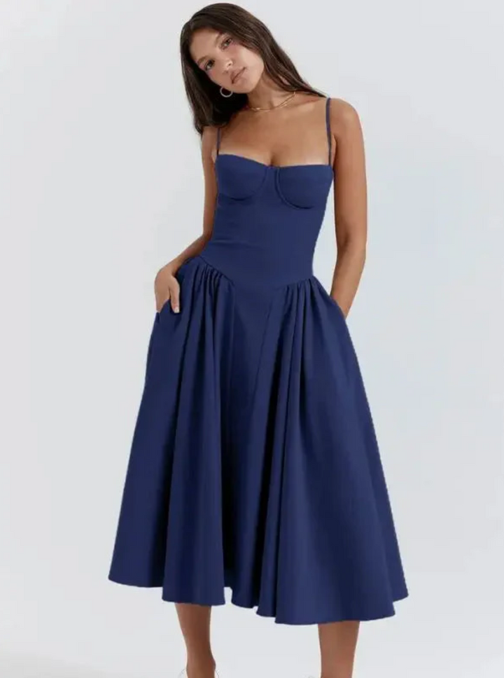 Levoire | Robe D'Été À Col En V Élégante Décontractée Légère Robe Bleu
